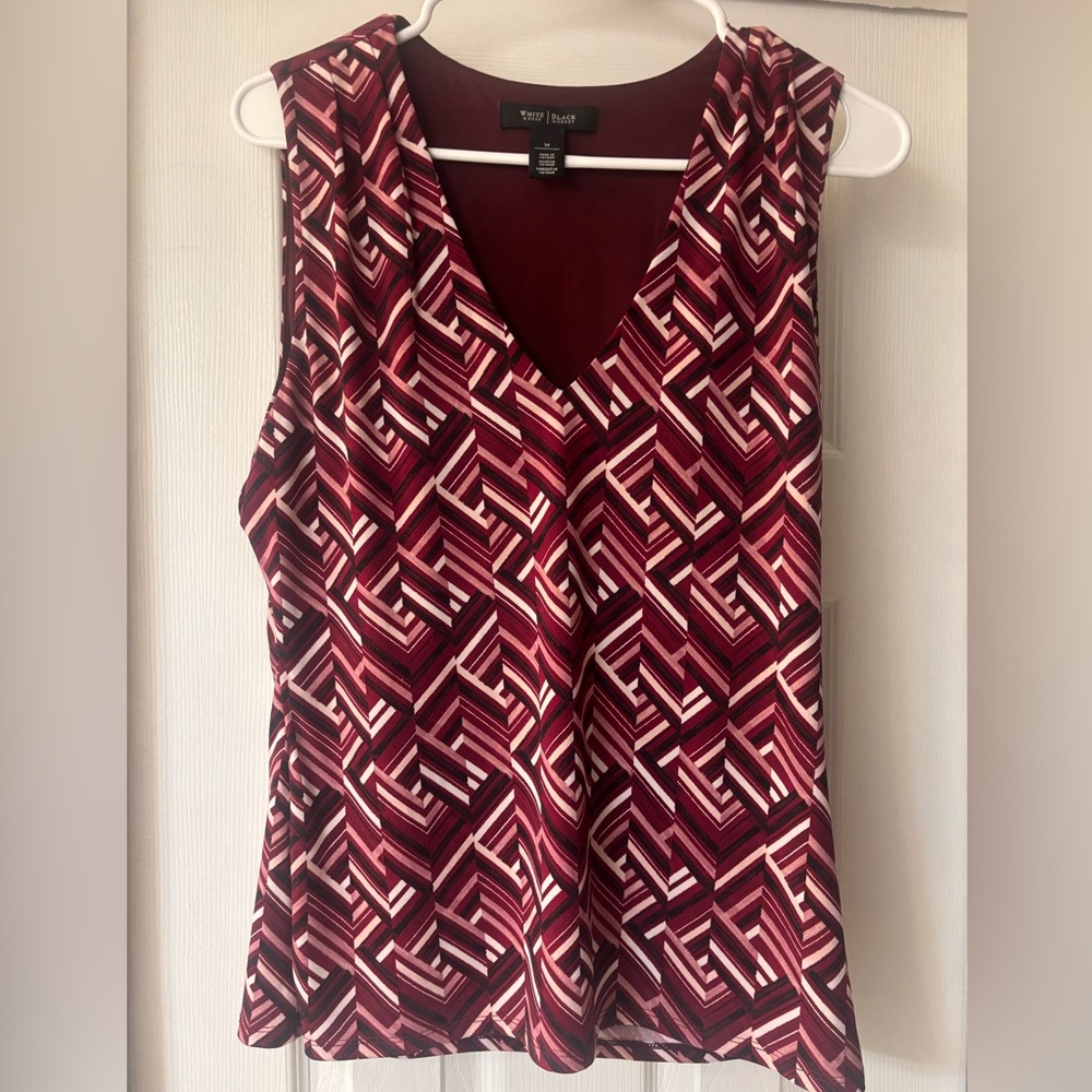 White House Black Market V-Neck Geometric Blouse - Red and Black